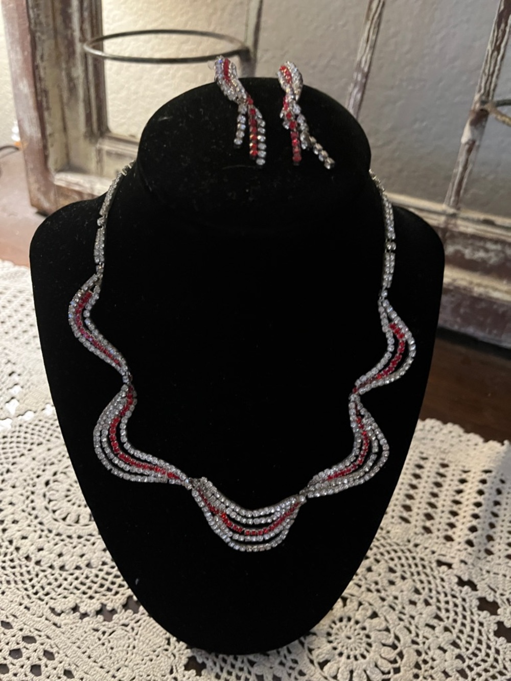 Necklace. Red and Clear, With Chain in Back , With Matching Drop Earrings